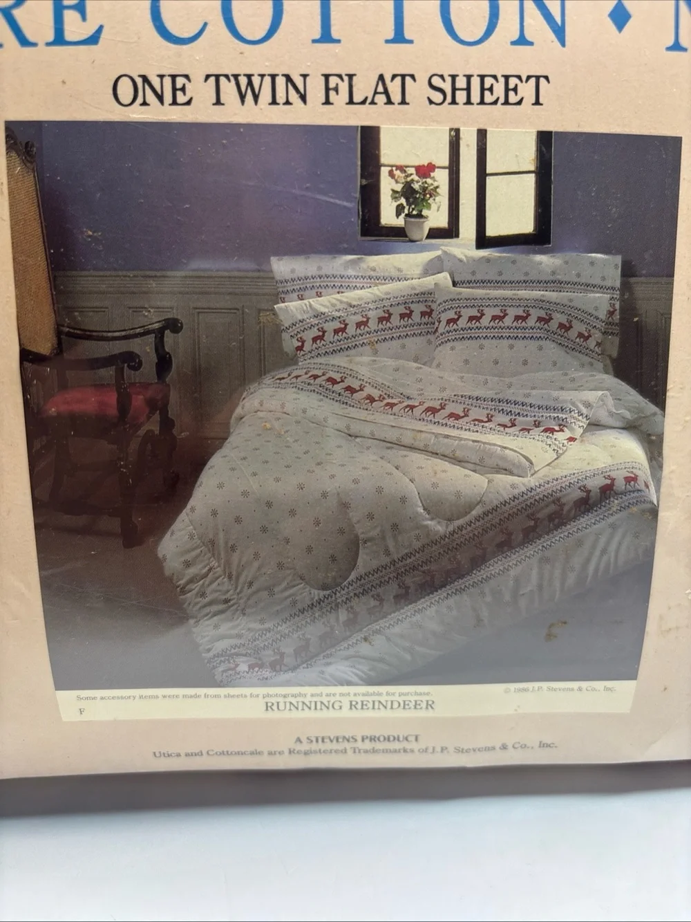 Utica Stevens Flannel Cotton Running Reindeer Twin Flat Sheet NIP 1986 Vtg